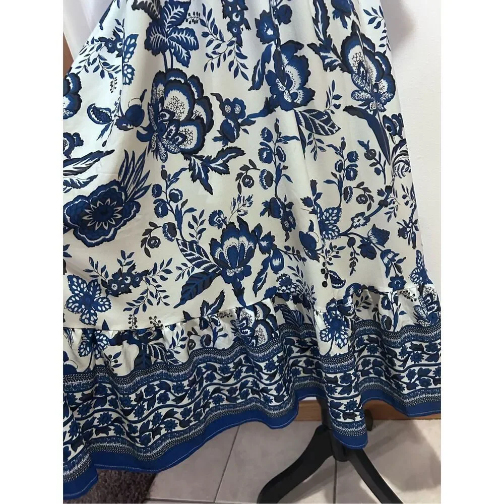 Blue & White Floral Puff Sleeve Flowy Midi Dress Smocked Waist M NWOT - Picture 8 of 13